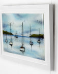 Side view of a fused glass art frame featuring hand-painted sailing boats entering a harbour with soaring birds in a soft coastal colour-way.