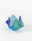 Fused glass fold form vase, handmade in coastal blues and greens.