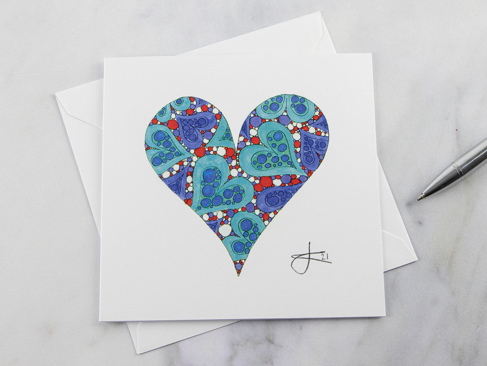 Greeting Card - Aqua, Blue &amp; Red Dot Heart