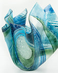 Fused glass extra large vase handmade in Cornish studio in coastal blue colours. Stunning homeware piece of sculptural glass.