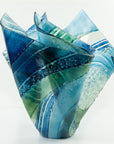 Fused glass large vase handmade in Cornish studio in coastal blue colours. Stunning homeware piece of sculptural glass.