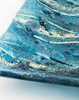 close-up fused glass square bowl textured blue teal