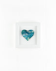 Heart shaped fused glass art on a small square frame blue teal