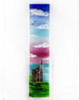 Fused glass wall panel featuring a Cornish tin mine, with a vibrant sunset sky and soaring gulls.