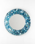 Fused glass round mirror, made from recycled glass in coastal blues.