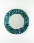 Fused glass round mirror, made from recycled glass in coastal greens