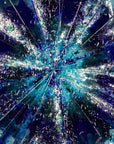 Close up details of fused glass round panel, with sea blues and lots of texture.