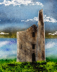 Close up of fused glass round wall panel, featuring Cornish Tin Mine, in coastal design.