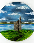 Fused glass round wall panel, featuring Cornish Tin Mine, in coastal design.