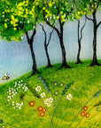 Close up of fused glass round panel, inspired by the Nearly Home Trees in Devon, designed in bright summer greens. Design includes hand-painted bees and flowers.
