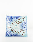 Fused glass square dish, handmade in coastal blues, with copper fish.