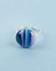 Fused glass pendant sterling silver ring, handmade in coastal blues.