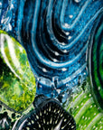 Close up of intricate ocean reef inspired fused glass art frame. Bright ocean blue colours and handmade wall art.