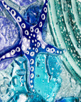 Detailed shot of fused glass art frame, inspired by the ocean with bright coastal colours. Beautiful wall art, hand-made in Cornwall, Launceston.