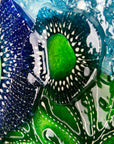 Image of details in fused glass art frame, inspired by the ocean with bright coastal colours. Beautiful wall art, hand-made in Cornwall, Launceston.