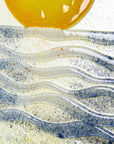 Fused glass large art frame inspired by a sunrise on the coast. Handmade wall art with textural detailing.