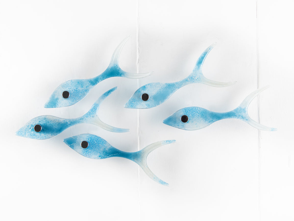 Five fused glass fish, handmade in soft coastal blues, creating an ocean inspired wall art display.