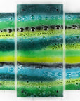 Fused glass triptych featuring an organic green design with bubbled detailing, handmade in emerald green colours. 