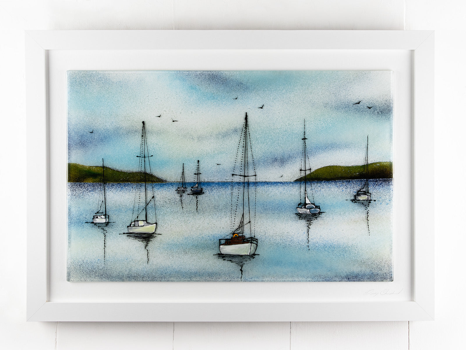 Fused glass art frame featuring hand-painted sailing boats entering a harbour with soaring birds in a soft coastal colour-way. 