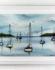 Fused glass art frame featuring hand-painted sailing boats entering a harbour with soaring birds in a soft coastal colour-way. 