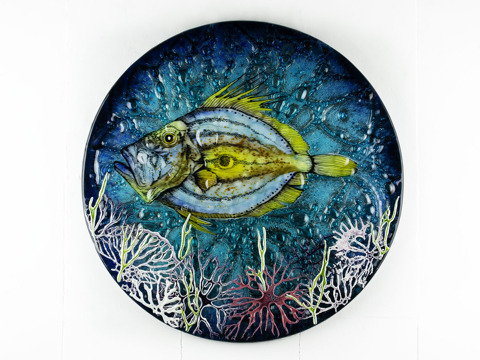 Round fused glass wall panel, with hand-painted john dory design in vibrant organic colours and textures. 