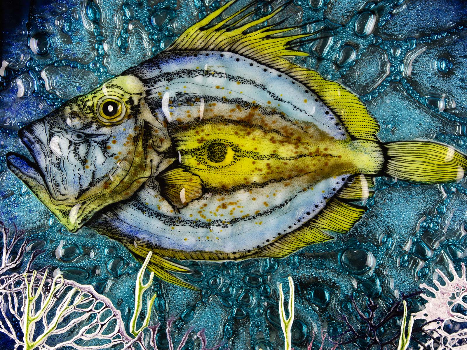 Close up of a round fused glass wall panel, with hand-painted john dory design in vibrant organic colours and textures. 