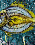 Close up of a round fused glass wall panel, with hand-painted john dory design in vibrant organic colours and textures. 