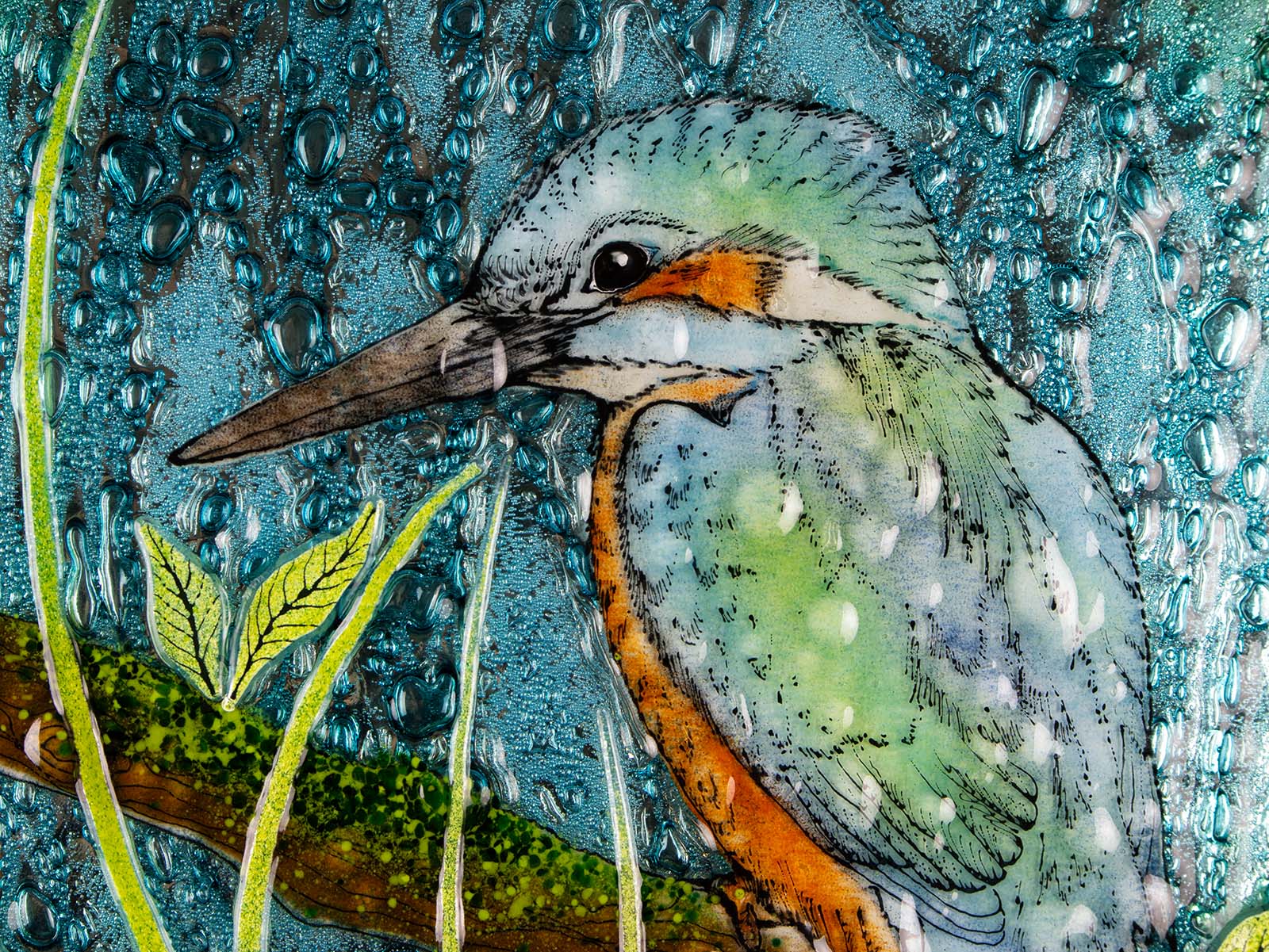 Close up of details on a round fused glass wall panel, with hand-painted kingfisher design in vibrant organic colours and textures. 