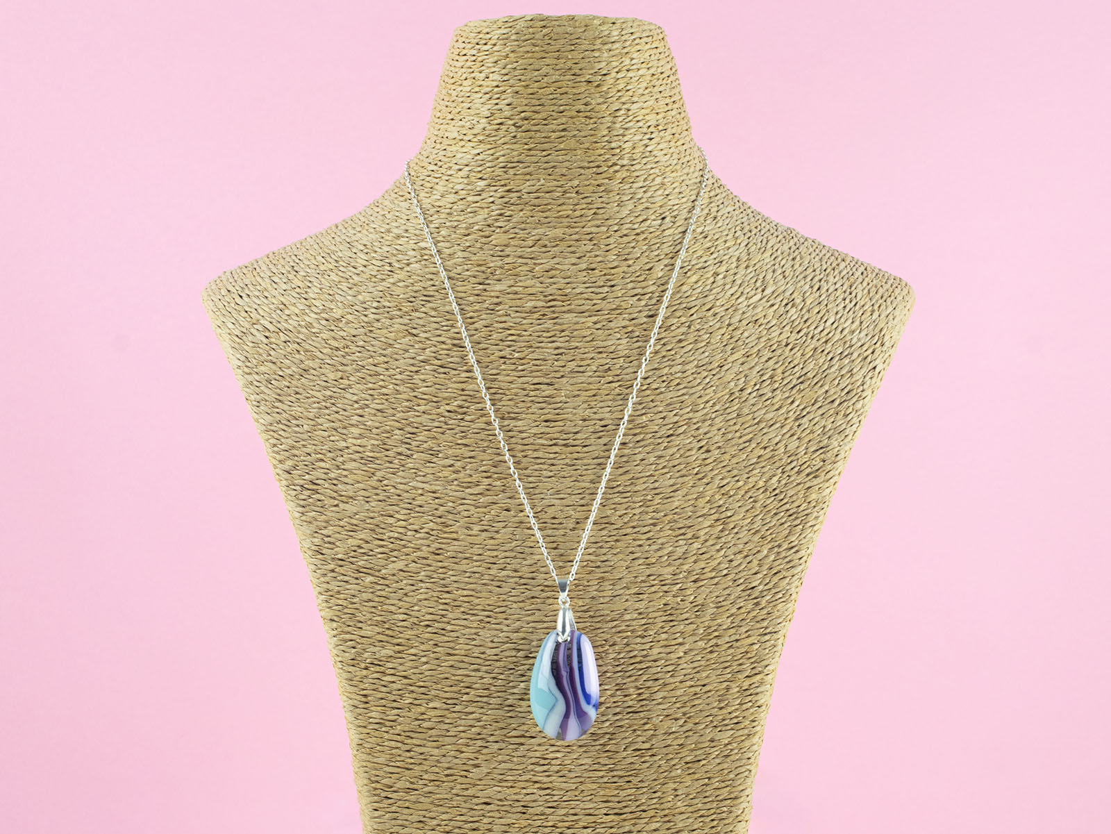 Fused glass pendant necklace in soft turquoise and pink hues Handmade in organic colours and presented on a sterling silver chain. 