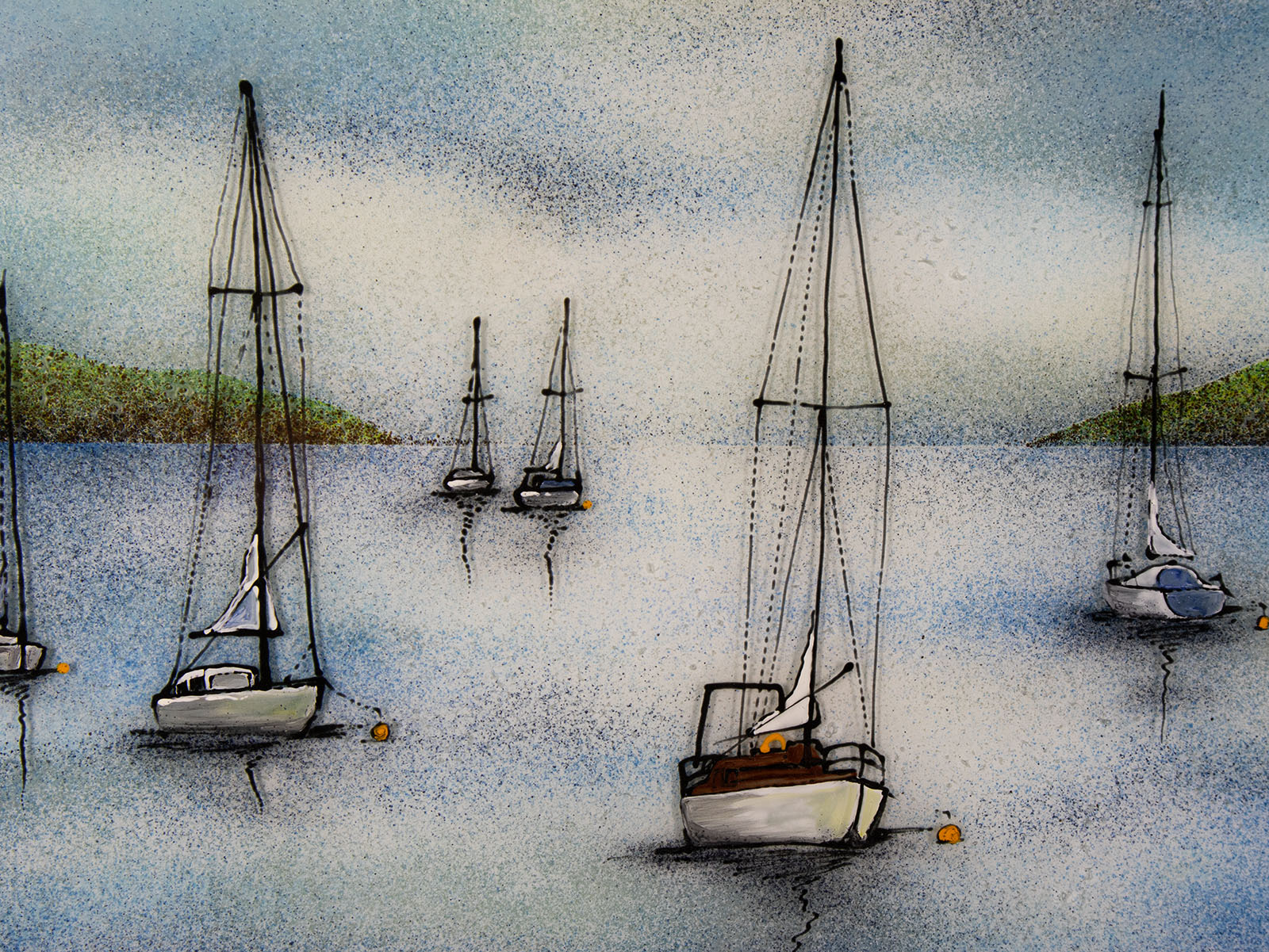 Close up of a hand-painted fused glass design of several sailboats anchored, designed in soft coastal colours.