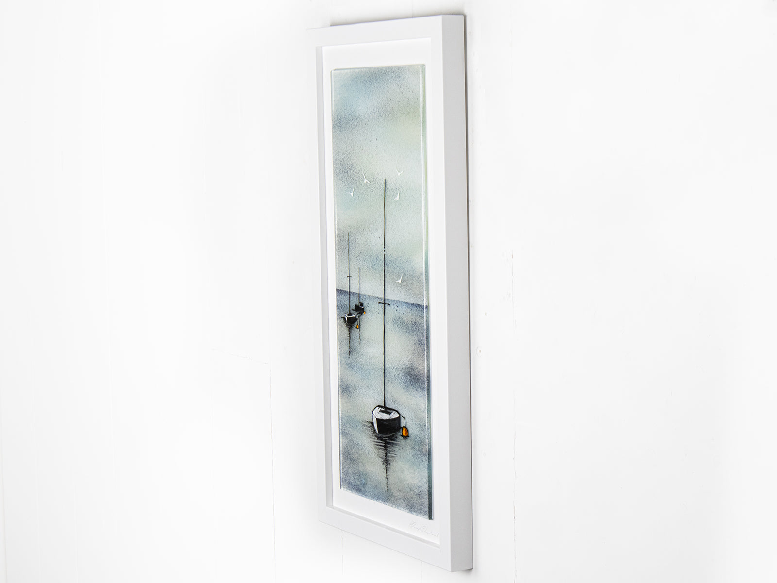 Fused glass oblong art frame with hand-painted sailboat design in a soft coastal colour-way. 