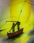 A close up of the painted details on a fused glass circular wall art panel featuring a design of a fisherman in a small boat casting a line in front of a large glowing yellow sun over a calm lake in natural, organic colours. 