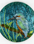 Round fused glass wall panel, with hand-painted kingfisher design in vibrant organic colours and textures. 