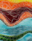 Close up of the details on a fused glass abstract, multi coloured square wall panel. 