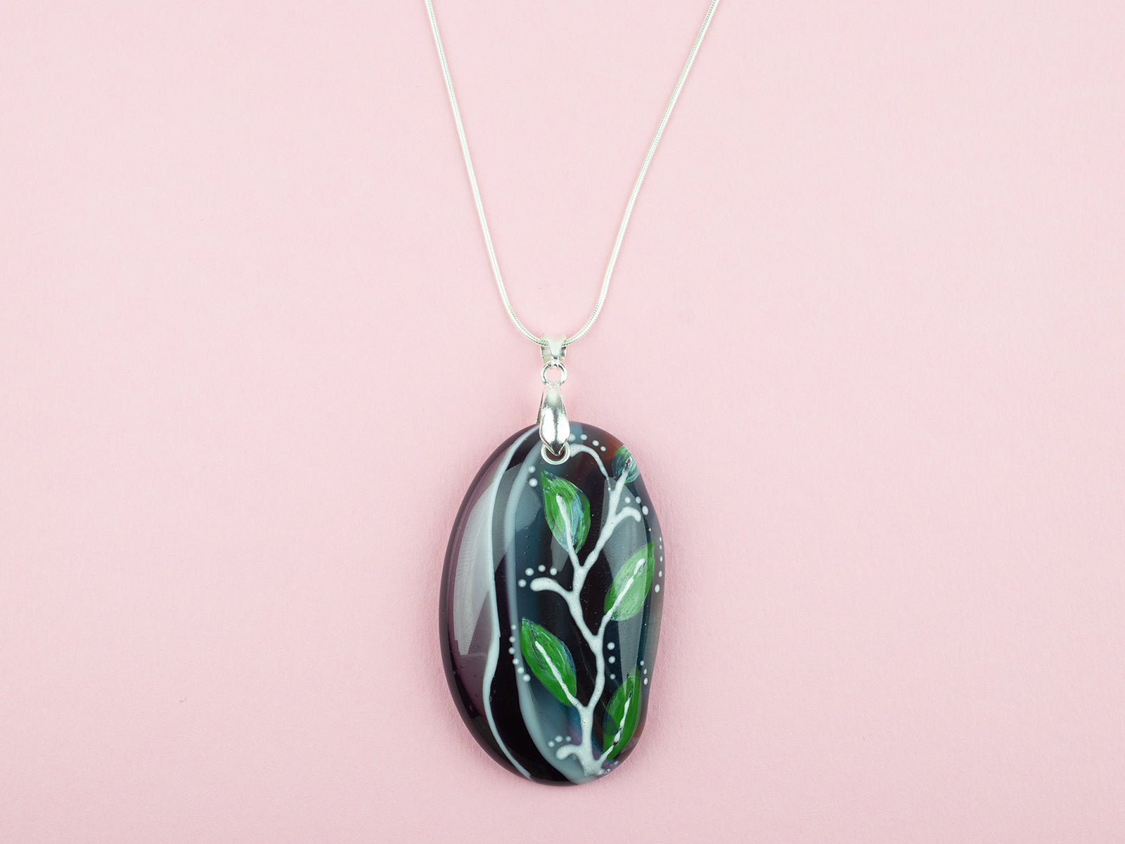 Fused glass pendant necklace, handmade in spring greens and pinks, with botanical hand-painted design. 
