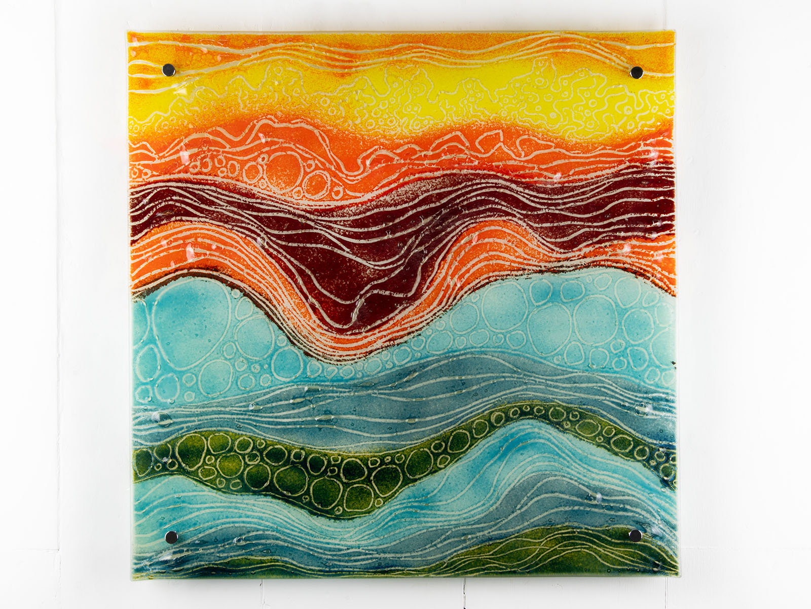 Fused glass abstract, multi coloured square wall panel. 