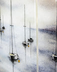Details on a fused glass staggered triptych featuring a hand-painted sailboat design in a soft and misty colour-way. 