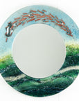 Fused glass round mirror with ocean inspired design and copper fish detailing. Handmade, bespoke wall art. 