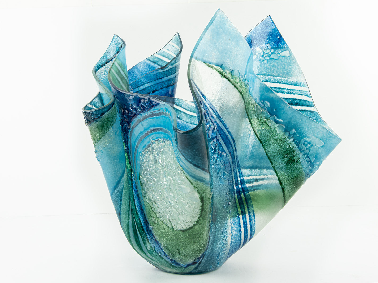 Fused glass extra large vase handmade in Cornish studio in coastal blue colours. Stunning homeware piece of sculptural glass. 