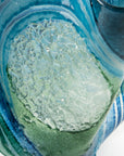 Detailing of Fused glass large vase handmade in Cornish studio in coastal blue colours. Stunning homeware piece of sculptural glass. 