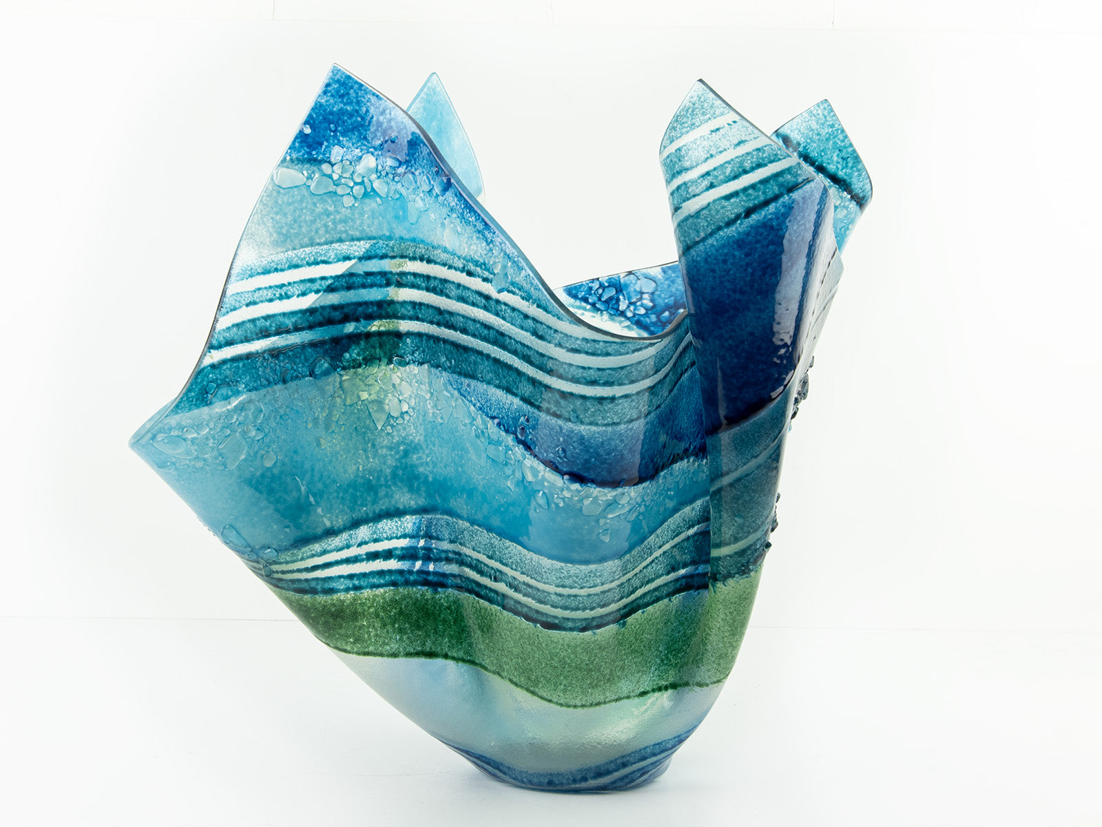 Fused glass large vase handmade in Cornish studio in coastal blue colours. Stunning homeware piece of sculptural glass. 