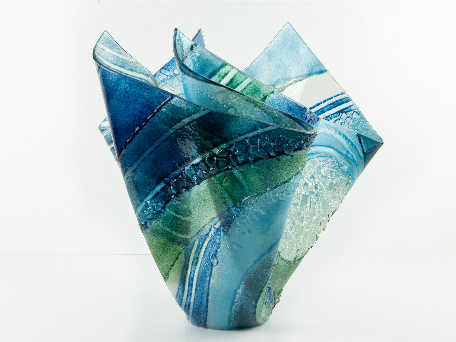 Fused glass large vase handmade in Cornish studio in coastal blue colours. Stunning homeware piece of sculptural glass. 