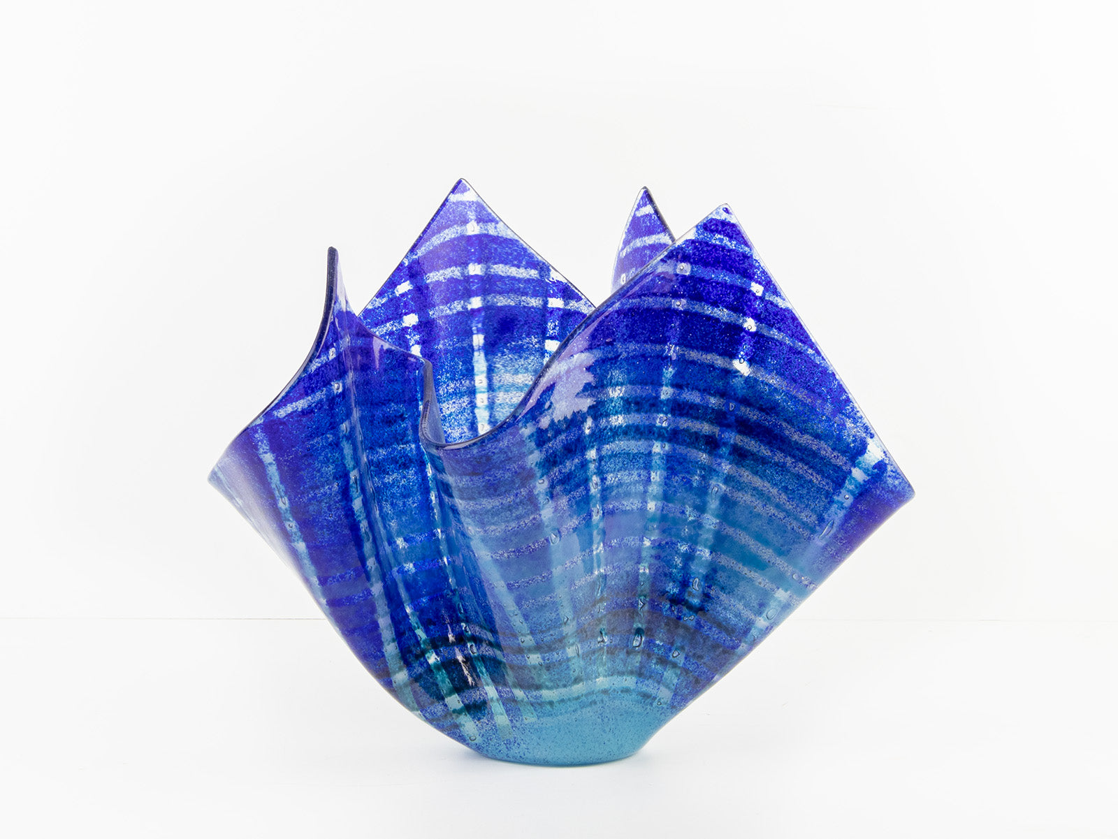 Fused glass large vase handmade in Cornish studio in coastal blue colours. Stunning homeware piece of sculptural glass. 