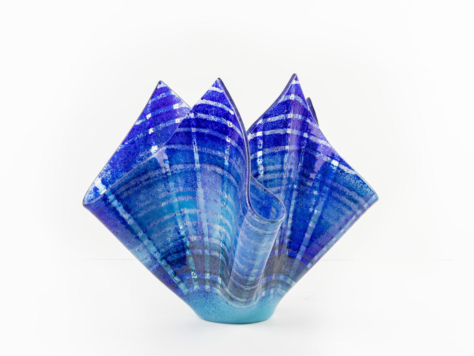 Fused glass large vase handmade in Cornish studio in coastal blue colours. Stunning homeware piece of sculptural glass. 