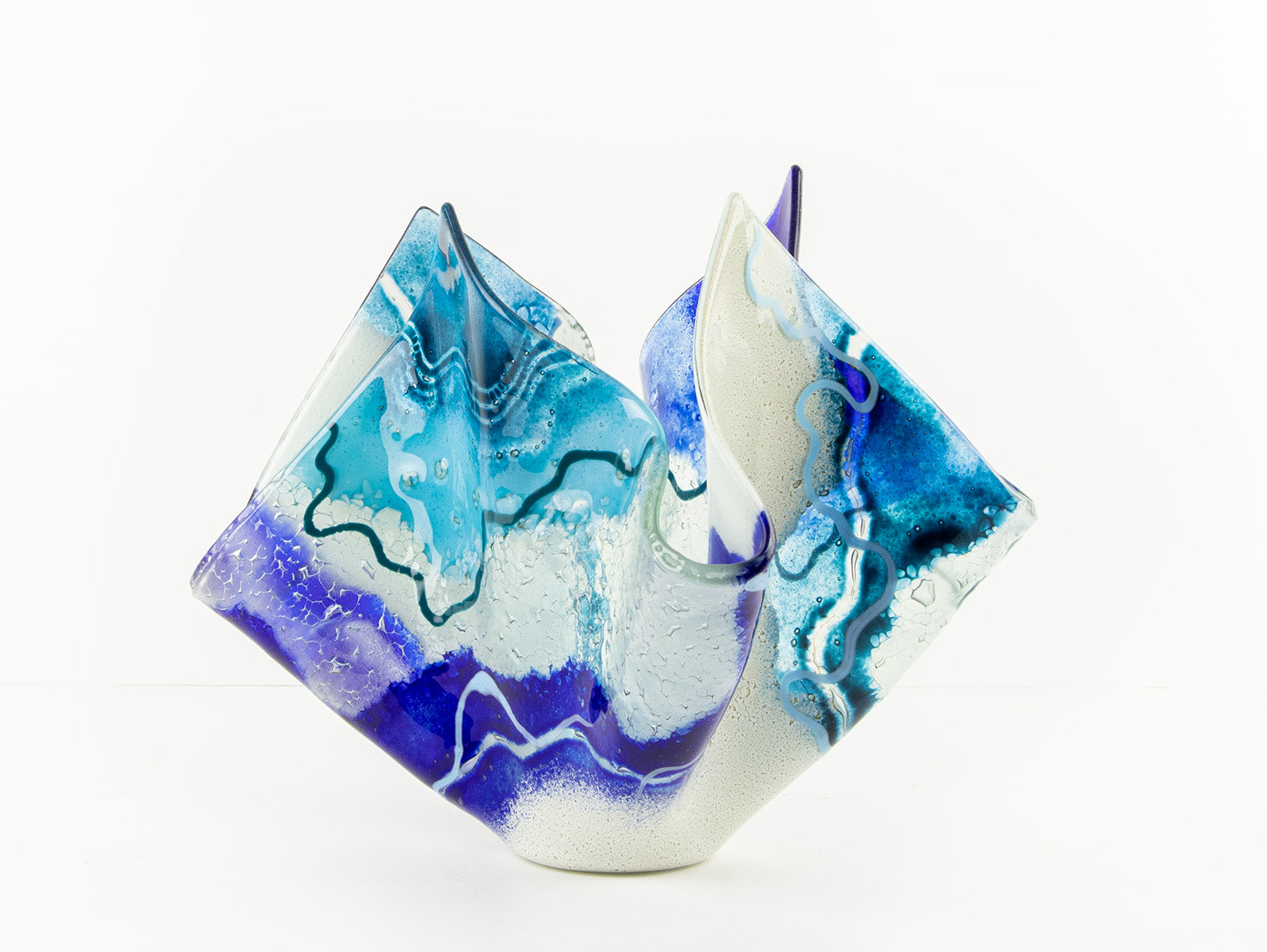 Fused glass large vase handmade in Cornish studio in coastal blue colours. Stunning homeware piece of sculptural glass. 