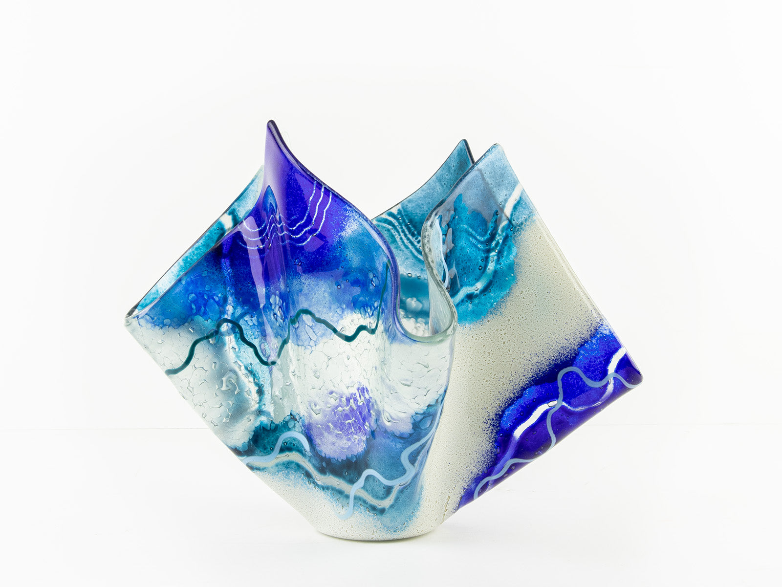 Fused glass large vase handmade in Cornish studio in coastal blue colours. Stunning homeware piece of sculptural glass. 