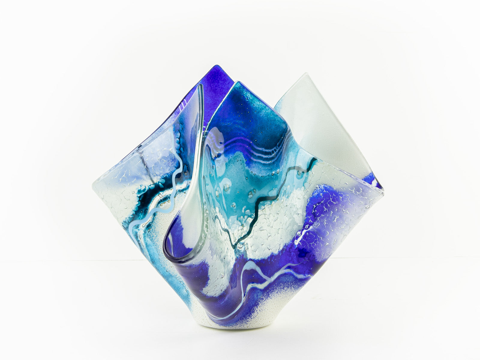 Fused glass large vase handmade in Cornish studio in coastal blue colours. Stunning homeware piece of sculptural glass. 