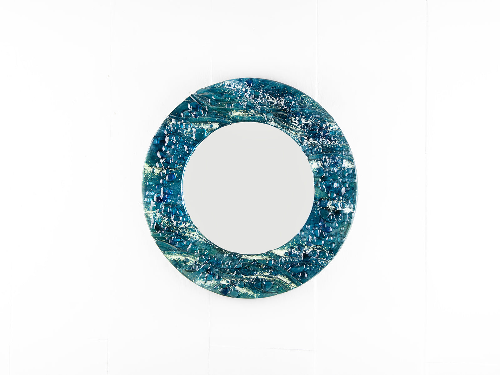 fused glass round mirror wall art textured blue teal decor