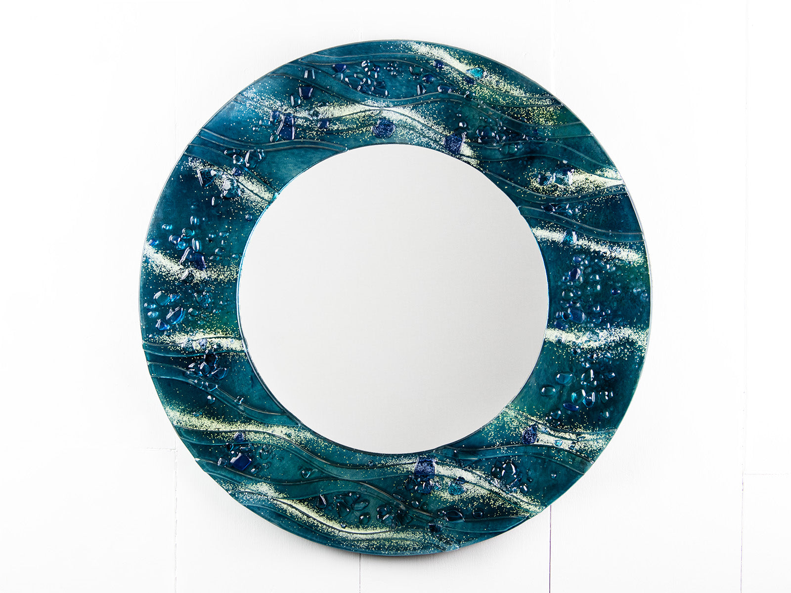 fused glass round mirror wall art textured blue teal decor