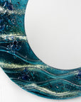 close-up fused glass round mirror wall art textured blue teal decor
